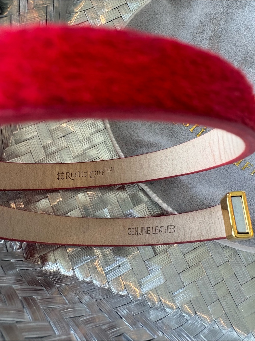 EUC Rustic Cuff Red Hair On Hide Leather Wrap Bracelet Gold Magnetic Clasp Luxe - Picture 2 of 7